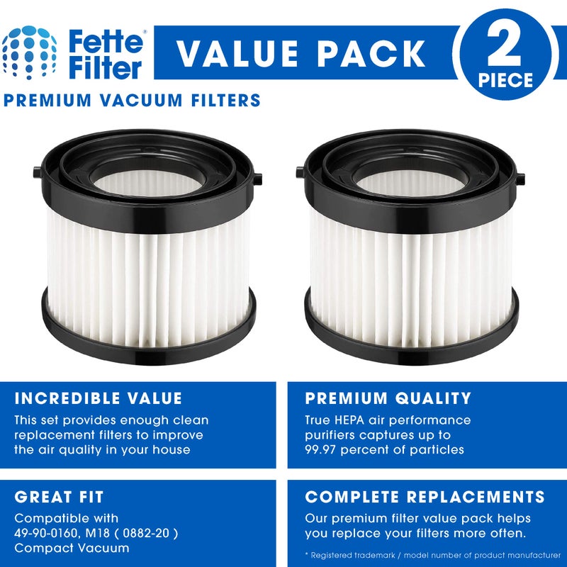Fette Filter فلتر جاف HEPA متوافق مع رقم جزء Milwaukee 49-90-0160، 49-90-1951 لنموذج مكنسة M18 المدمجة رقم 0882-20 يتضمن 2 فلتر بديل. - Image 1
